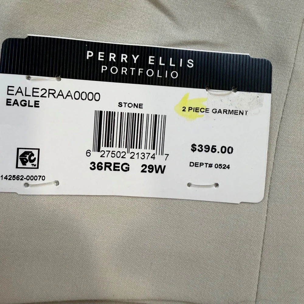 Perry Ellis Portfolio Stone Beige 2 Piece Suit 36R 29W Modern Fit Eagle EALE2RAA